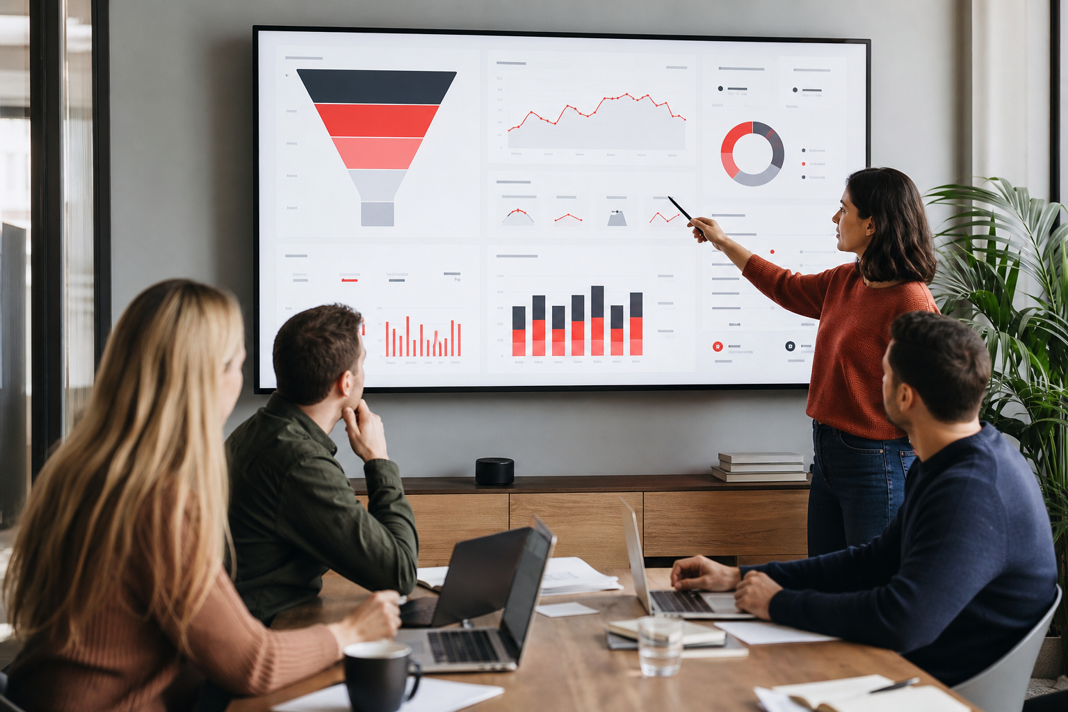 Marketing team analysing campaign performance dashboards