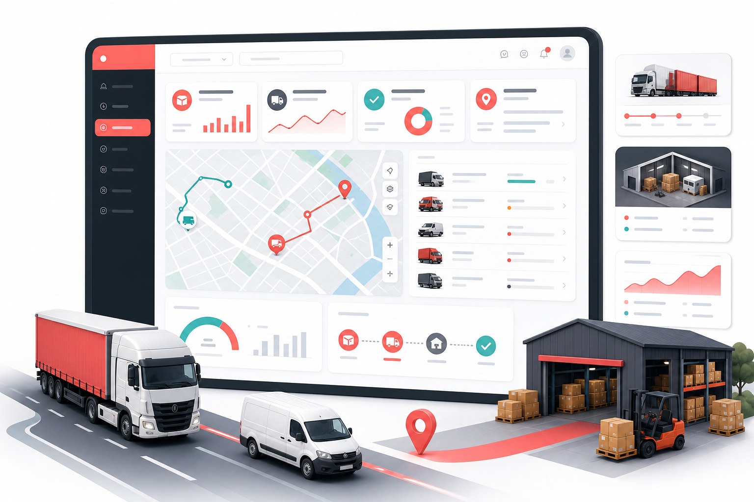 Connecting fleet, routes, deliveries, and warehouse activity digital solution illustration
